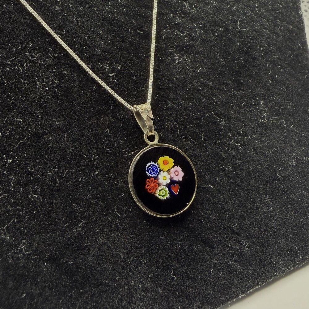 AMV Millefiori Glass Flower Pendant Necklace 30” Sterling Silver 925